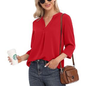 VIISHOW Womens Tops Casual Chiffon Blouses Tops 3/4 Sleeve V Neck Tunic Top Loose Shirt