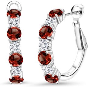 Gem Stone King 925 Sterling Silver Red Garnet and White Lab Grown Diamond Hoop Earrings For Women (3.56 Cttw, Gemstone January Birthstone, Round 4MM and 3MM)