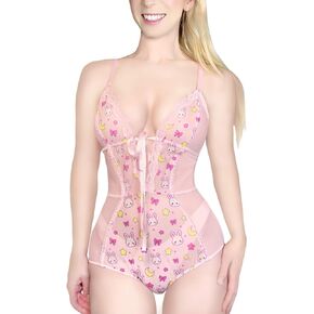 Littleforbig Women Nightwear Mesh Lace V Neck Usagi One Piece Baby Doll Lingerie Bodysuit