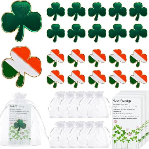 50 Set St.Patrick's Day Lapel Pins Brooches for Women Men Ireland Lapel pins Bulk Good Luck Three Leaf Pins with Blessing Cards and Organza Bags for Patrick Day Celebrating Irish Festivals in Kuwait