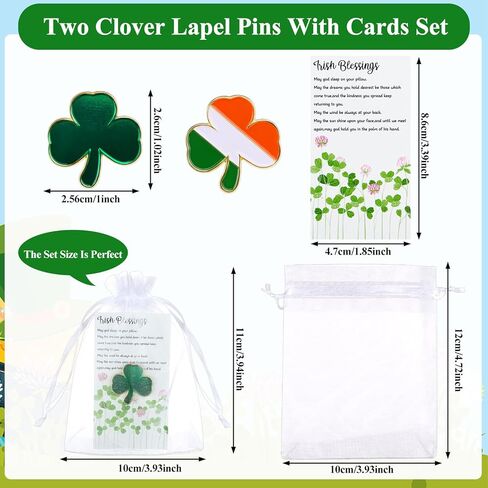 50 Set St.Patrick's Day Lapel Pins Brooches for Women Men Ireland Lapel pins Bulk Good Luck Three Leaf Pins with Blessing Cards and Organza Bags for Patrick Day Celebrating Irish Festivals in Kuwait