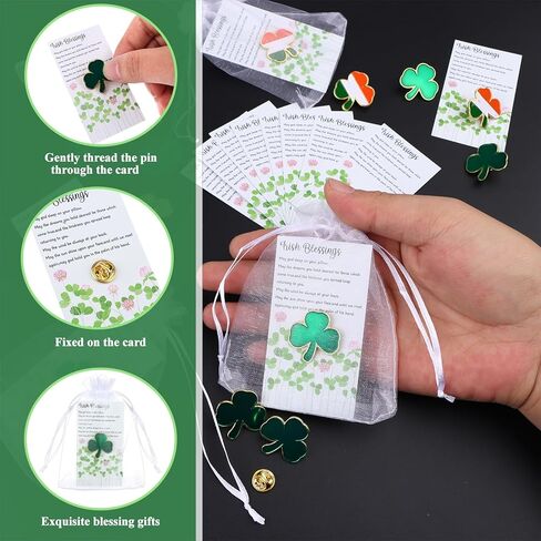 50 Set St.Patrick's Day Lapel Pins Brooches for Women Men Ireland Lapel pins Bulk Good Luck Three Leaf Pins with Blessing Cards and Organza Bags for Patrick Day Celebrating Irish Festivals in Kuwait