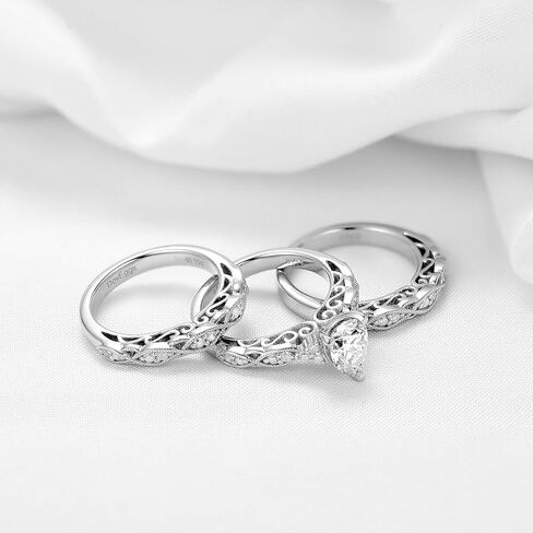 DovEggs Moissanite Engagement Ring for Women 1.5ct Center 6X8mm G-H-I Color Pear Shaped Cut Vintage/Antique Moissanite Wedding Ring Sets 14k Gold Quality Silver in Kuwait