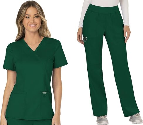 Cherokee Women Scrubs Set Workwear Revolution WW610 Mock Wrap Top & WW110 Mid Rise Straight Leg Pull-on Pant, Hunter Green- 2XL Top / 2XL Pant in Saudi Arabia