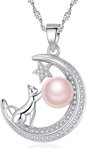 Necklace for Women Freshwater Pearl Necklace Silver Cat Necklace Gold Necklace Cat Christmas Gift for Girlfriend Gift 16+2'' in Saudi Arabia