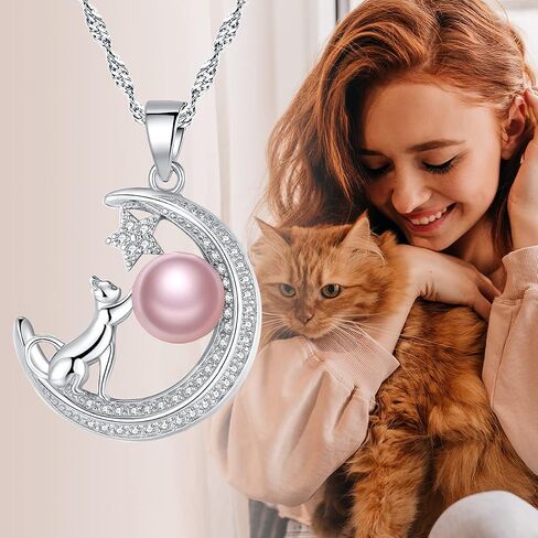 Necklace for Women Freshwater Pearl Necklace Silver Cat Necklace Gold Necklace Cat Christmas Gift for Girlfriend Gift 16+2'' in Saudi Arabia