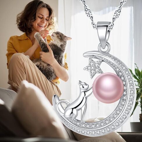 Necklace for Women Freshwater Pearl Necklace Silver Cat Necklace Gold Necklace Cat Christmas Gift for Girlfriend Gift 16+2'' in Saudi Arabia