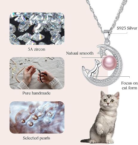 Necklace for Women Freshwater Pearl Necklace Silver Cat Necklace Gold Necklace Cat Christmas Gift for Girlfriend Gift 16+2'' in Saudi Arabia