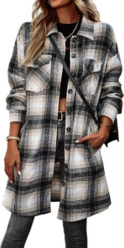 Women's Plaid Shirt Shacket Jacket 2024 Casual Button Down Long Sleeve Tartan Long Lapel Woolen Coats with Pockets in Saudi Arabia