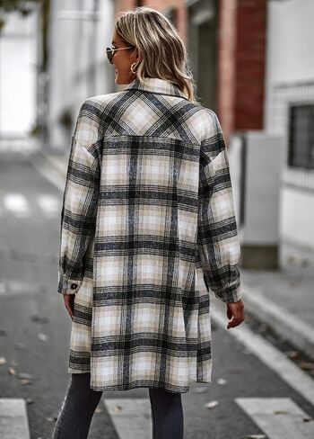 Women's Plaid Shirt Shacket Jacket 2024 Casual Button Down Long Sleeve Tartan Long Lapel Woolen Coats with Pockets in Saudi Arabia