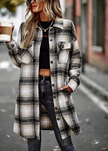 Women's Plaid Shirt Shacket Jacket 2024 Casual Button Down Long Sleeve Tartan Long Lapel Woolen Coats with Pockets in Saudi Arabia