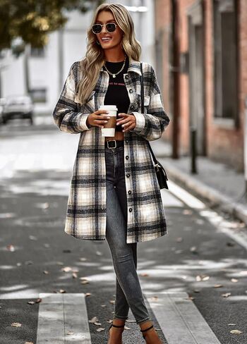 Women's Plaid Shirt Shacket Jacket 2024 Casual Button Down Long Sleeve Tartan Long Lapel Woolen Coats with Pockets in Saudi Arabia