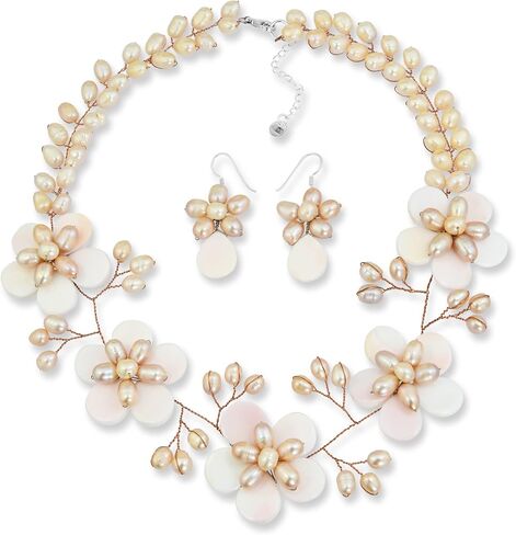 AeraVida Bohemian Floral Pink Mother of Pearl & Cultured Freshwater Pink Pearl Fancy Jewelry Set | Classic Handmade Jewelry Set for Women | Adorable Gifts for Women | Statement Necklace | Boho Jewelry in Saudi Arabia