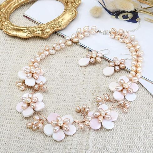 AeraVida Bohemian Floral Pink Mother of Pearl & Cultured Freshwater Pink Pearl Fancy Jewelry Set | Classic Handmade Jewelry Set for Women | Adorable Gifts for Women | Statement Necklace | Boho Jewelry in Saudi Arabia