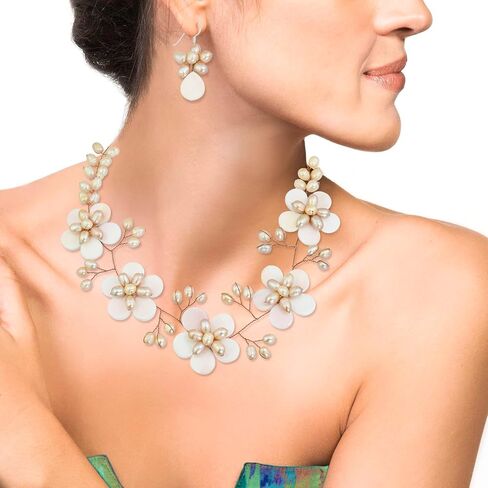 AeraVida Bohemian Floral Pink Mother of Pearl & Cultured Freshwater Pink Pearl Fancy Jewelry Set | Classic Handmade Jewelry Set for Women | Adorable Gifts for Women | Statement Necklace | Boho Jewelry in Saudi Arabia