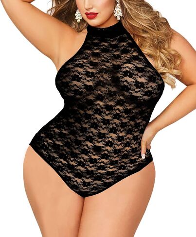 ملابس داخلية تيدي مثيرة مقاس كبير من Ella Lust للنساء قطعة واحدة برقبة عالية ورسن ملابس نوم شفافة من Margarita مزهّرة من الدانتيل in Kuwait