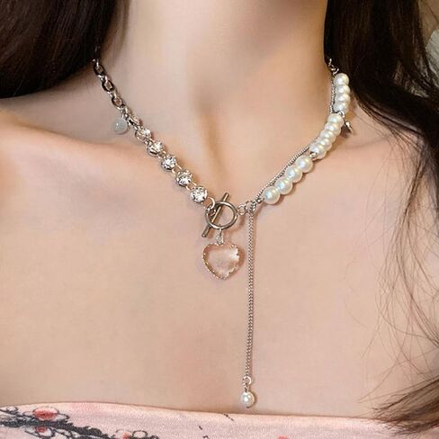 Buyongwant Transparent Heart shaped Irregular Necklace with Pearl Splice Chain Fashion Girl Jewelry in Kuwait