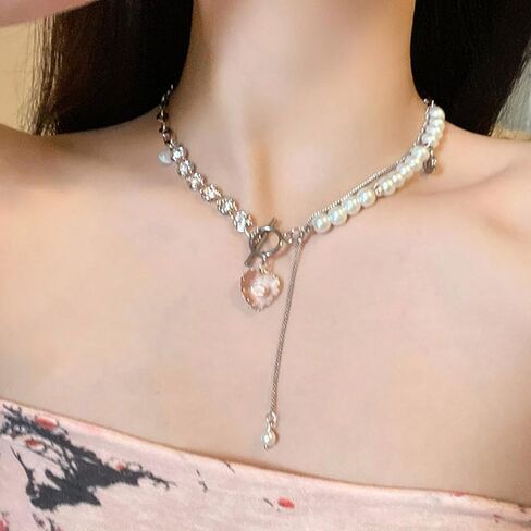 Buyongwant Transparent Heart shaped Irregular Necklace with Pearl Splice Chain Fashion Girl Jewelry in Kuwait