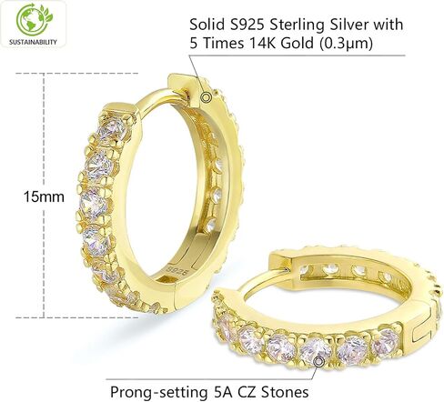 KRKC&CO Hoop Earrings for Men, S925 Sterling Silver, 14k/White Gold Plating Hoop Earrings in High Polished, Hypoallergenic, Lightweight, 5A CZ Stones, Simple and Stylish 15mm in Saudi Arabia