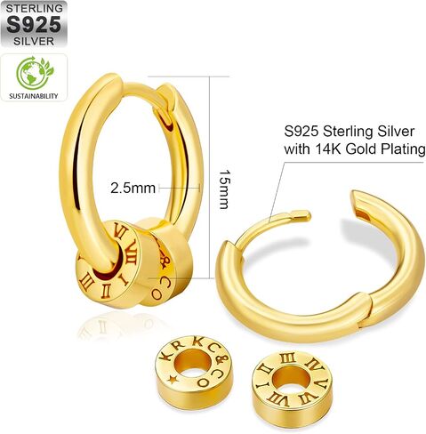KRKC&CO Hoop Earrings for Men, S925 Sterling Silver, 14k/White Gold Plating Hoop Earrings in High Polished, Hypoallergenic, Lightweight, 5A CZ Stones, Simple and Stylish 15mm in Saudi Arabia