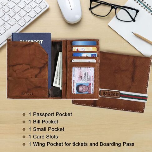 حامل جواز سفر جلدي من Banuce مع حزام مطاطي للجنسين، محفظة سفر للنساء أو الرجال، غطاء جواز سفر مع حامل بطاقات بني in Kuwait