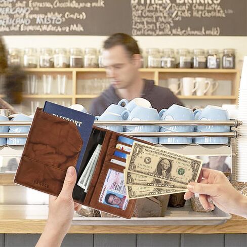 حامل جواز سفر جلدي من Banuce مع حزام مطاطي للجنسين، محفظة سفر للنساء أو الرجال، غطاء جواز سفر مع حامل بطاقات بني in Kuwait