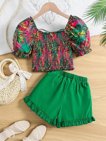 OYOANGLE Girl's 2 Pieces Outfits Graphic Print Short Puff Sleeve Sweetheart Neck Blouse and Shorts Set in Saudi Arabia
