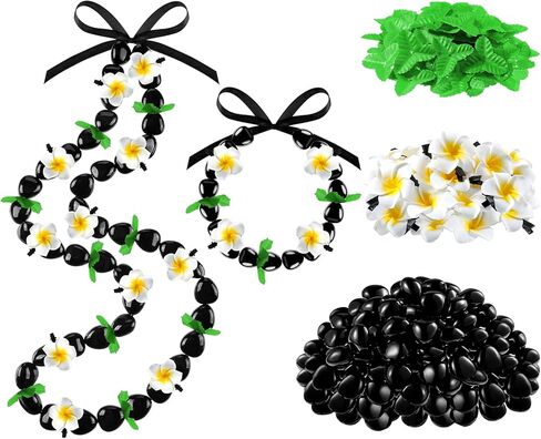 Kathfly 142 Pcs DIY Graduation Hawaiian Leis Kukui Nut Bead Necklace with Ribbon Tie Closure Foam Hawaiian Frangipani Artificial Plumeria Fake Fabric Leaves Hawaiian Kukui Nut Necklace Graduation Gift in Kuwait