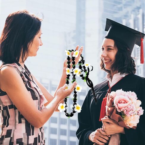 Kathfly 142 Pcs DIY Graduation Hawaiian Leis Kukui Nut Bead Necklace with Ribbon Tie Closure Foam Hawaiian Frangipani Artificial Plumeria Fake Fabric Leaves Hawaiian Kukui Nut Necklace Graduation Gift in Kuwait