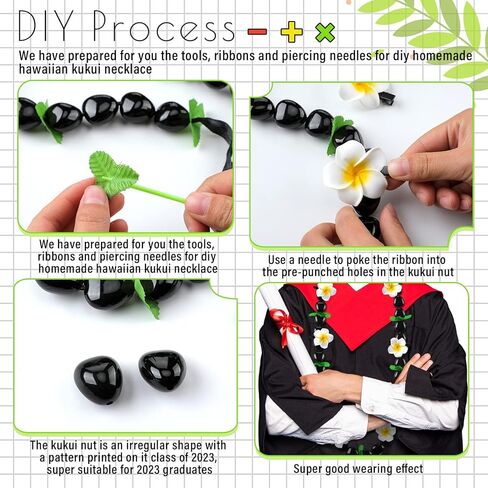 Kathfly 142 Pcs DIY Graduation Hawaiian Leis Kukui Nut Bead Necklace with Ribbon Tie Closure Foam Hawaiian Frangipani Artificial Plumeria Fake Fabric Leaves Hawaiian Kukui Nut Necklace Graduation Gift in Kuwait