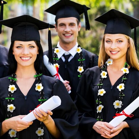 Kathfly 142 Pcs DIY Graduation Hawaiian Leis Kukui Nut Bead Necklace with Ribbon Tie Closure Foam Hawaiian Frangipani Artificial Plumeria Fake Fabric Leaves Hawaiian Kukui Nut Necklace Graduation Gift in Kuwait