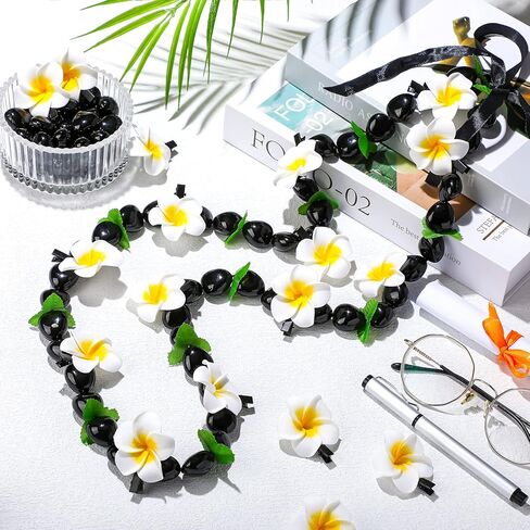 Kathfly 142 Pcs DIY Graduation Hawaiian Leis Kukui Nut Bead Necklace with Ribbon Tie Closure Foam Hawaiian Frangipani Artificial Plumeria Fake Fabric Leaves Hawaiian Kukui Nut Necklace Graduation Gift in Kuwait