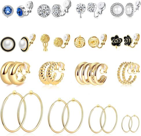 16 زوجًا من الأقراط المشبكية للنساء من الذهب والفضة غير المثقوبة 𝑪𝒍𝒊𝒑 𝑶𝒏 𝑯𝒐𝒐𝒑 𝑬𝒂𝒓𝒓𝒊𝒏𝒈𝒔 CZ Flower مقلد لؤلؤ المياه العذبة عقدة ملتوية بمشبك على مجموعة أقراط in Kuwait