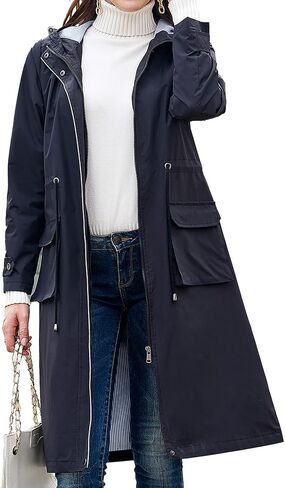 Homgro Women's Hooded Rain Jacket Long Waterproof Raincoat Casual Full Zip Anorak Midi Windbreaker Pockets in Saudi Arabia