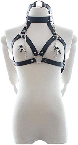 Women's Sexy Role Play Costumes S&M Gothic Open Cup Collar Cage Bra Open Mouth Ring Clamps Lingerie 2pcs Faux Leather Harness Set Black in Saudi Arabia