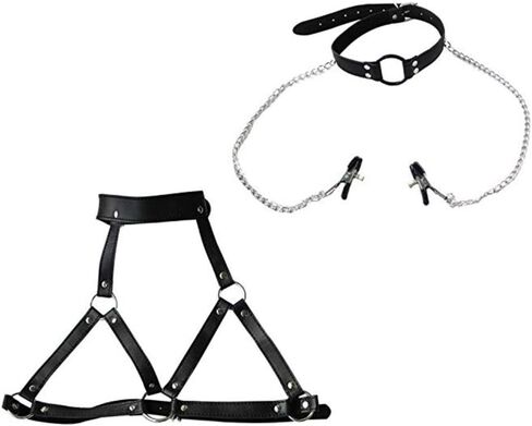 Women's Sexy Role Play Costumes S&M Gothic Open Cup Collar Cage Bra Open Mouth Ring Clamps Lingerie 2pcs Faux Leather Harness Set Black in Saudi Arabia