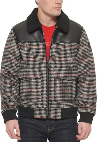 Tommy Hilfiger Men's Mixed Media Wool Blend Sherpa Collar Bomber, Plaid, X-Large in Saudi Arabia