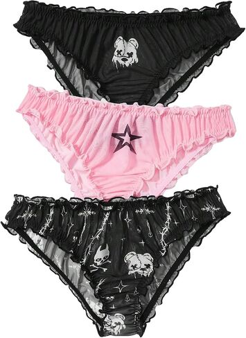 SHENHE Women's 3 Piece Sets Mesh Goth Panties Lettuce Trim Low Rise Cute Underwear in Saudi Arabia