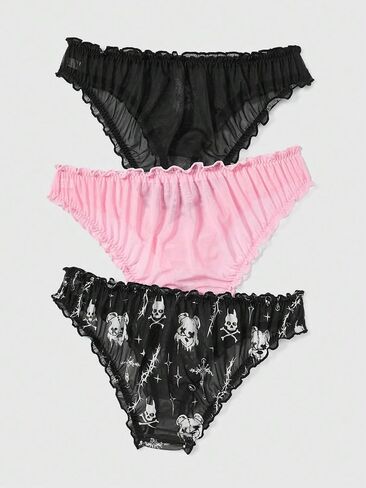 SHENHE Women's 3 Piece Sets Mesh Goth Panties Lettuce Trim Low Rise Cute Underwear in Saudi Arabia
