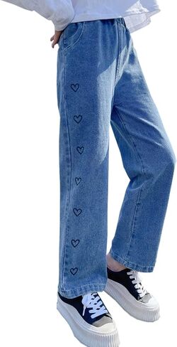 NABER Kids Girls Lovely Heart Pattern Printed Denim Pants Elastic Waist Loose Straight Jeans for 5-15 Years in Saudi Arabia
