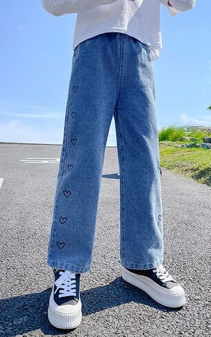 NABER Kids Girls Lovely Heart Pattern Printed Denim Pants Elastic Waist Loose Straight Jeans for 5-15 Years in Saudi Arabia