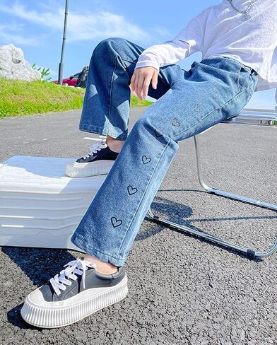 NABER Kids Girls Lovely Heart Pattern Printed Denim Pants Elastic Waist Loose Straight Jeans for 5-15 Years in Saudi Arabia