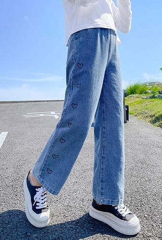 NABER Kids Girls Lovely Heart Pattern Printed Denim Pants Elastic Waist Loose Straight Jeans for 5-15 Years in Saudi Arabia