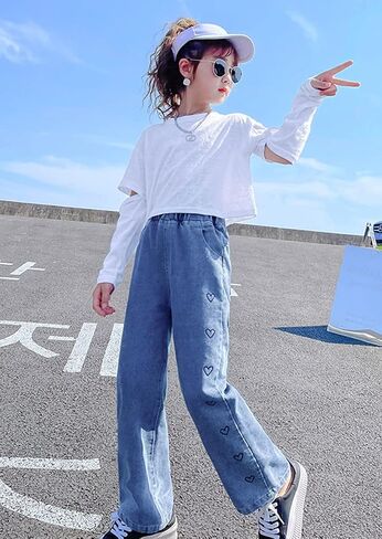 NABER Kids Girls Lovely Heart Pattern Printed Denim Pants Elastic Waist Loose Straight Jeans for 5-15 Years in Saudi Arabia