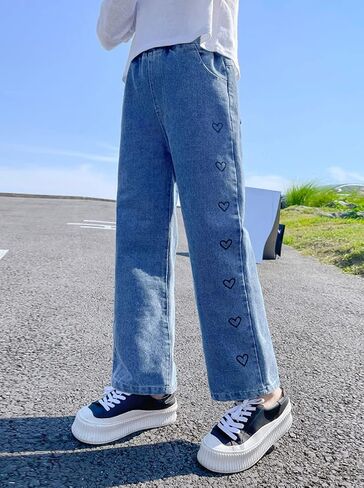 NABER Kids Girls Lovely Heart Pattern Printed Denim Pants Elastic Waist Loose Straight Jeans for 5-15 Years in Saudi Arabia