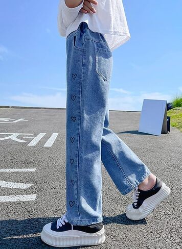 NABER Kids Girls Lovely Heart Pattern Printed Denim Pants Elastic Waist Loose Straight Jeans for 5-15 Years in Saudi Arabia