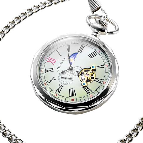 Mechanical Pocket Watches Roman Numerals Open Face with Chain Men 24-Hour Moon Sun + Box in Saudi Arabia