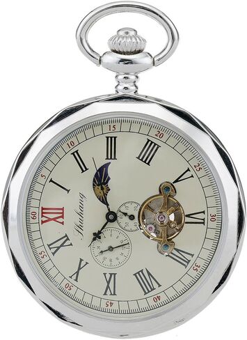 Mechanical Pocket Watches Roman Numerals Open Face with Chain Men 24-Hour Moon Sun + Box in Saudi Arabia