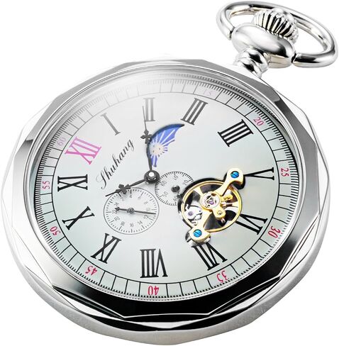 Mechanical Pocket Watches Roman Numerals Open Face with Chain Men 24-Hour Moon Sun + Box in Saudi Arabia