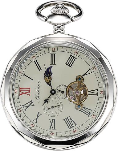 Mechanical Pocket Watches Roman Numerals Open Face with Chain Men 24-Hour Moon Sun + Box in Saudi Arabia